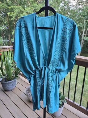 Teal Lace-Trim short Kimono Cover-Up 1X